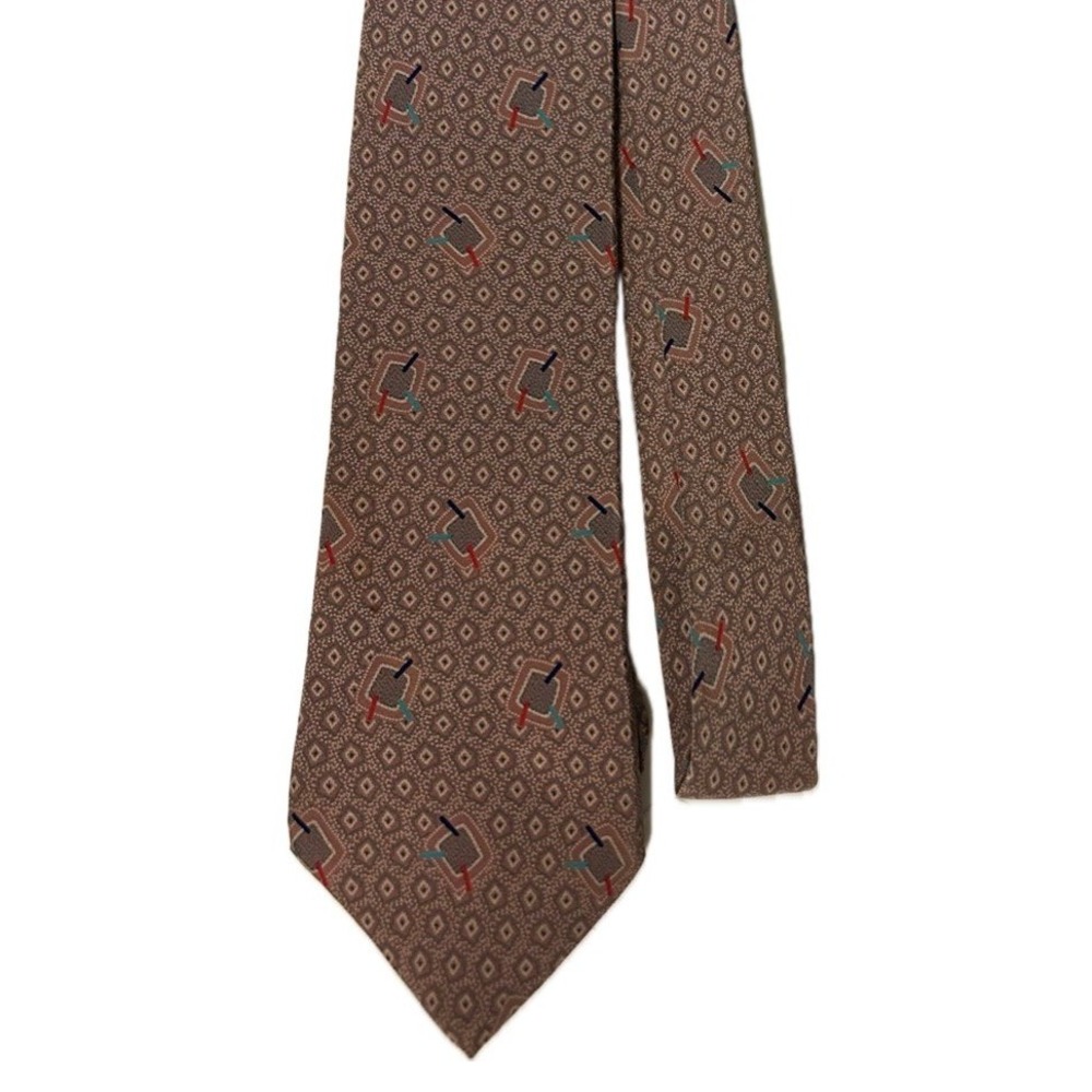 VTG LDM Italian Hand Made Silk Neck Tie. Geometric Pink/Taupe. 59in Length.